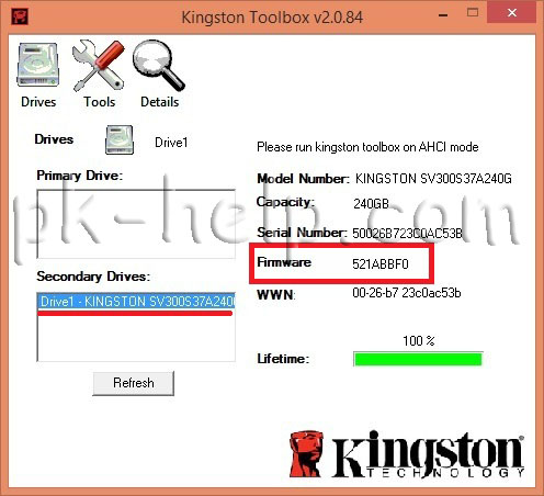 Скрин Просмотр установленной версии прошивки SSD диска Kingston 300 V