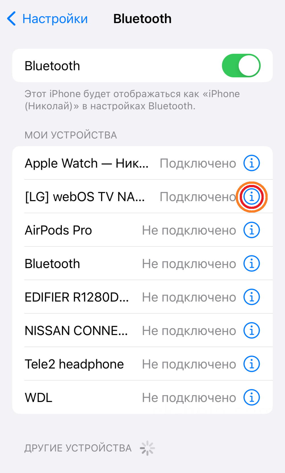 Список устройств Блютуз в iPhone.