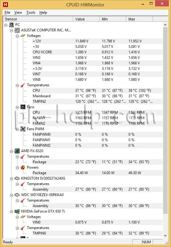 Скриншот Как выяснить температуру процессора, видоекарты на ноутубке с программой CPUID HWMonitor.